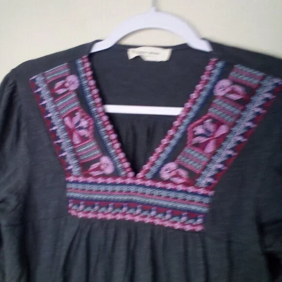 Lucky Brand Blouse Women S Long Sleeve Embroidery Boho Gray Pink - Picture 3 of 12